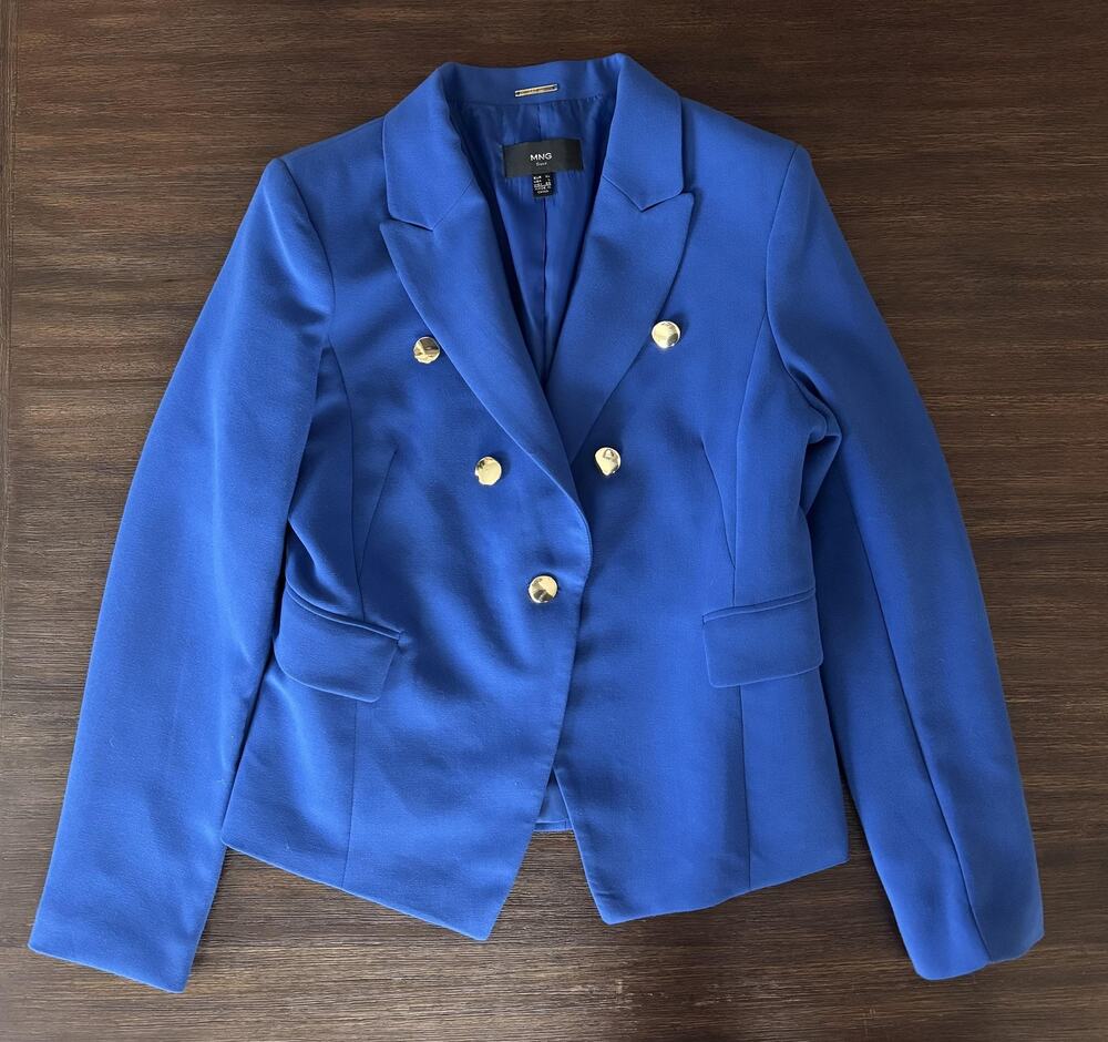Mango Blazer Jacket Womens Large Cobalt Blue Double Breasted Gold Button Work